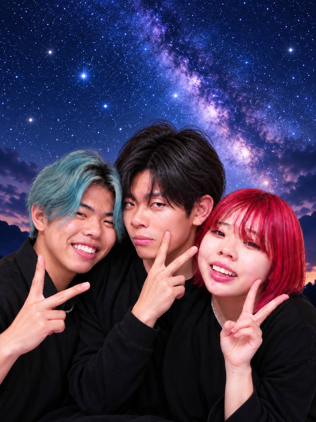 星空を背景にしたLumièreメンバー3人の写真